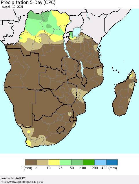 Southern Africa Precipitation 5-Day (CPC) Thematic Map For 8/6/2021 - 8/10/2021