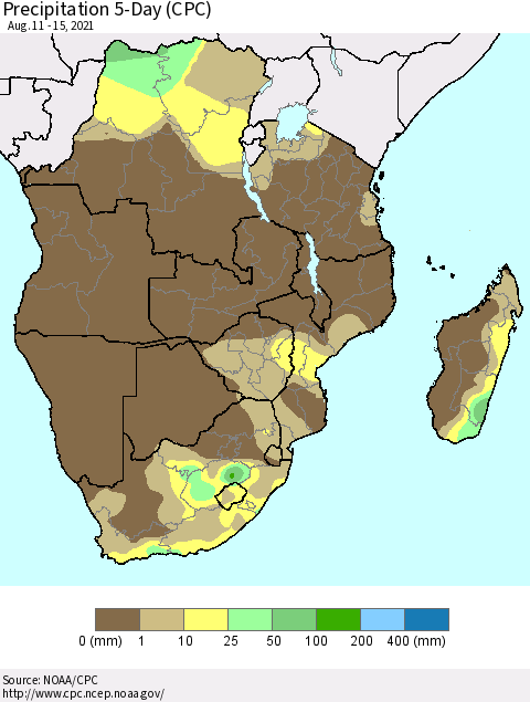 Southern Africa Precipitation 5-Day (CPC) Thematic Map For 8/11/2021 - 8/15/2021