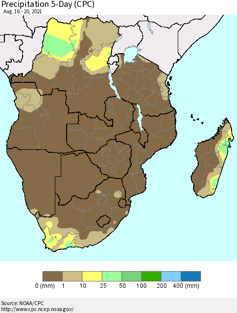 Southern Africa Precipitation 5-Day (CPC) Thematic Map For 8/16/2021 - 8/20/2021