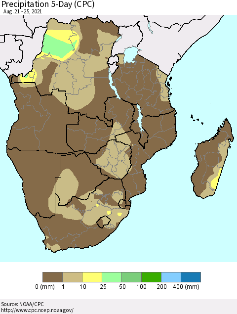 Southern Africa Precipitation 5-Day (CPC) Thematic Map For 8/21/2021 - 8/25/2021
