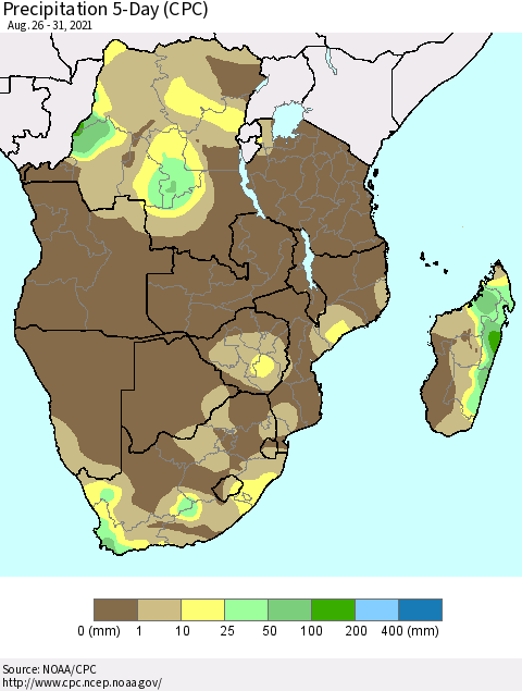 Southern Africa Precipitation 5-Day (CPC) Thematic Map For 8/26/2021 - 8/31/2021