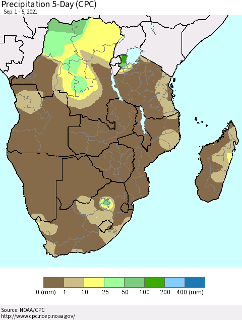 Southern Africa Precipitation 5-Day (CPC) Thematic Map For 9/1/2021 - 9/5/2021