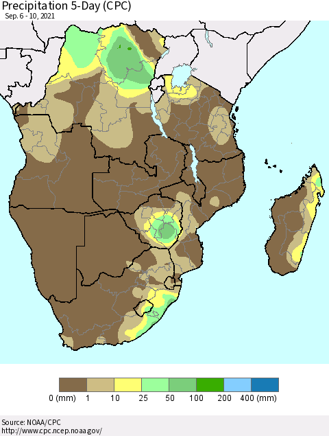 Southern Africa Precipitation 5-Day (CPC) Thematic Map For 9/6/2021 - 9/10/2021