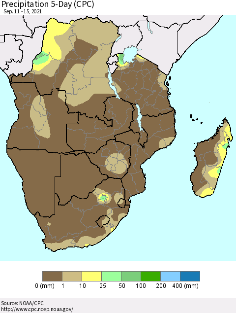 Southern Africa Precipitation 5-Day (CPC) Thematic Map For 9/11/2021 - 9/15/2021