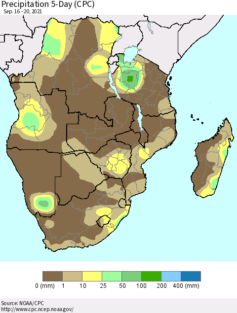 Southern Africa Precipitation 5-Day (CPC) Thematic Map For 9/16/2021 - 9/20/2021