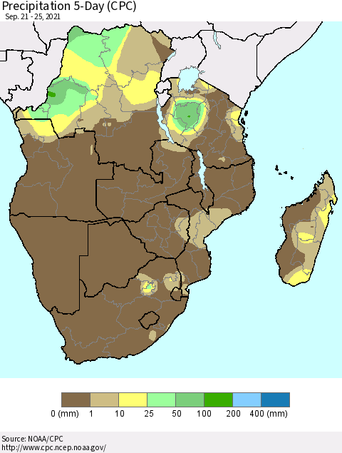 Southern Africa Precipitation 5-Day (CPC) Thematic Map For 9/21/2021 - 9/25/2021