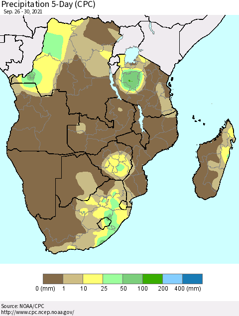 Southern Africa Precipitation 5-Day (CPC) Thematic Map For 9/26/2021 - 9/30/2021