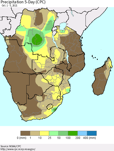 Southern Africa Precipitation 5-Day (CPC) Thematic Map For 10/1/2021 - 10/5/2021