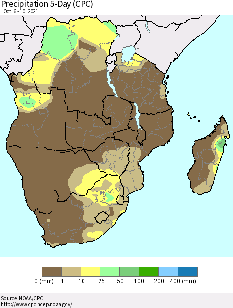 Southern Africa Precipitation 5-Day (CPC) Thematic Map For 10/6/2021 - 10/10/2021