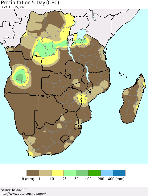 Southern Africa Precipitation 5-Day (CPC) Thematic Map For 10/11/2021 - 10/15/2021
