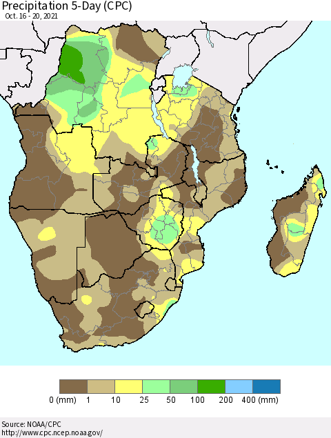 Southern Africa Precipitation 5-Day (CPC) Thematic Map For 10/16/2021 - 10/20/2021