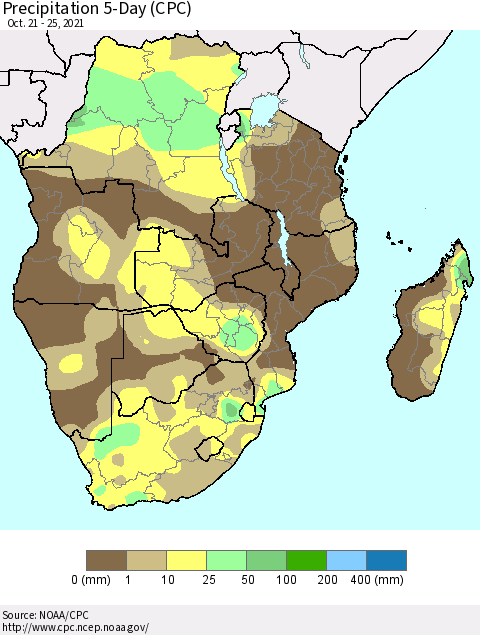 Southern Africa Precipitation 5-Day (CPC) Thematic Map For 10/21/2021 - 10/25/2021