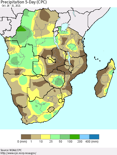 Southern Africa Precipitation 5-Day (CPC) Thematic Map For 10/26/2021 - 10/31/2021