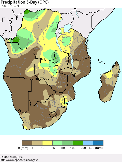 Southern Africa Precipitation 5-Day (CPC) Thematic Map For 11/1/2021 - 11/5/2021
