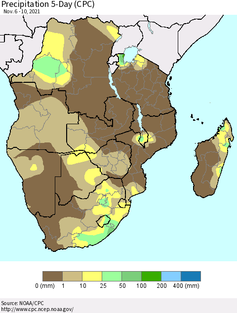 Southern Africa Precipitation 5-Day (CPC) Thematic Map For 11/6/2021 - 11/10/2021