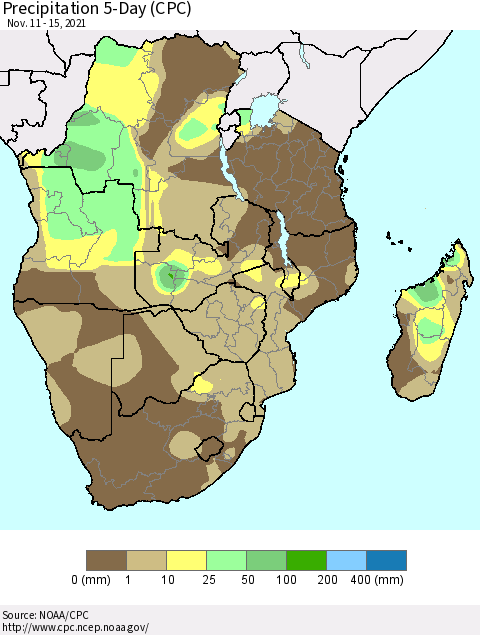 Southern Africa Precipitation 5-Day (CPC) Thematic Map For 11/11/2021 - 11/15/2021