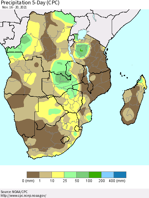Southern Africa Precipitation 5-Day (CPC) Thematic Map For 11/16/2021 - 11/20/2021