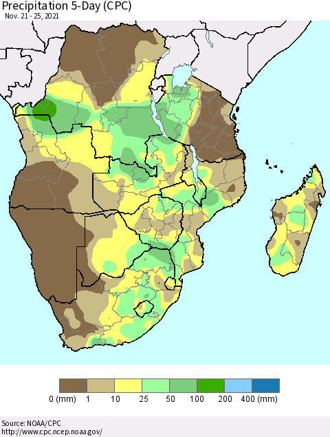 Southern Africa Precipitation 5-Day (CPC) Thematic Map For 11/21/2021 - 11/25/2021