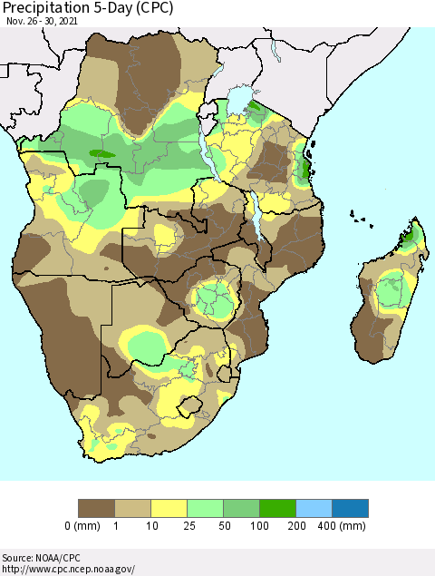 Southern Africa Precipitation 5-Day (CPC) Thematic Map For 11/26/2021 - 11/30/2021