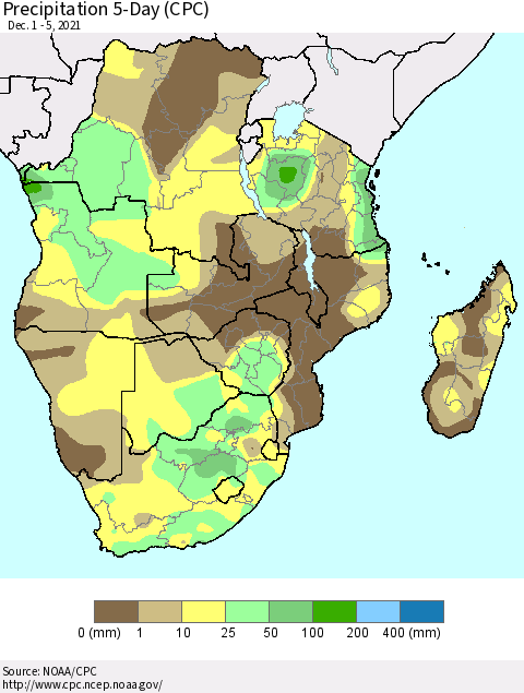 Southern Africa Precipitation 5-Day (CPC) Thematic Map For 12/1/2021 - 12/5/2021
