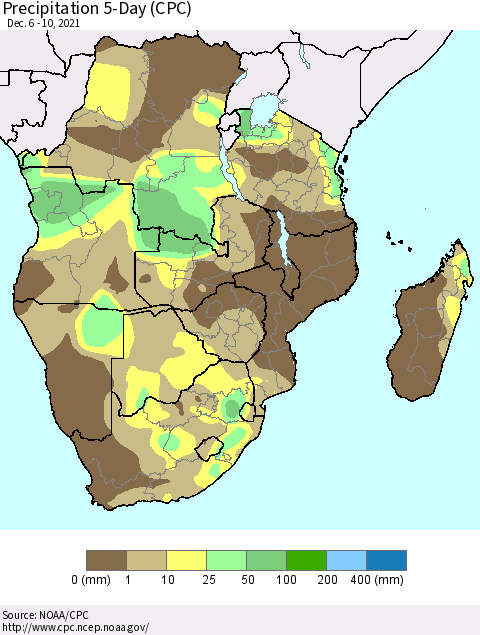 Southern Africa Precipitation 5-Day (CPC) Thematic Map For 12/6/2021 - 12/10/2021