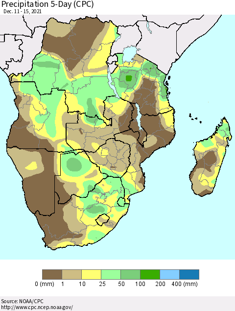 Southern Africa Precipitation 5-Day (CPC) Thematic Map For 12/11/2021 - 12/15/2021