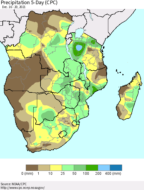 Southern Africa Precipitation 5-Day (CPC) Thematic Map For 12/16/2021 - 12/20/2021