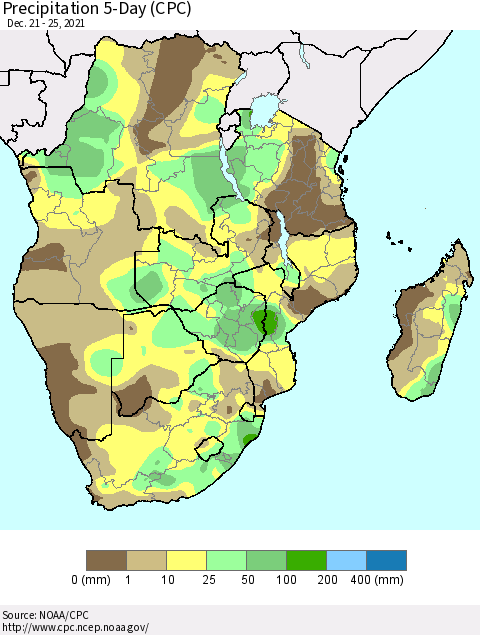 Southern Africa Precipitation 5-Day (CPC) Thematic Map For 12/21/2021 - 12/25/2021