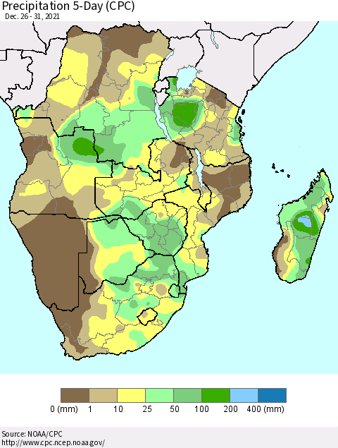 Southern Africa Precipitation 5-Day (CPC) Thematic Map For 12/26/2021 - 12/31/2021