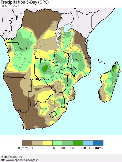 Southern Africa Precipitation 5-Day (CPC) Thematic Map For 1/1/2022 - 1/5/2022