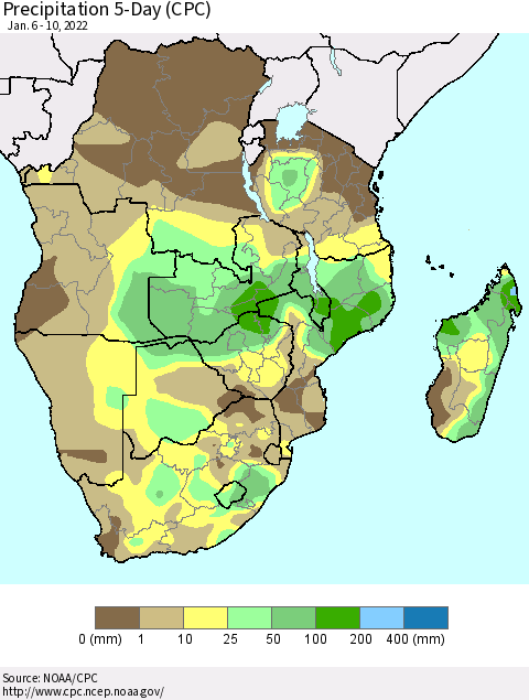 Southern Africa Precipitation 5-Day (CPC) Thematic Map For 1/6/2022 - 1/10/2022