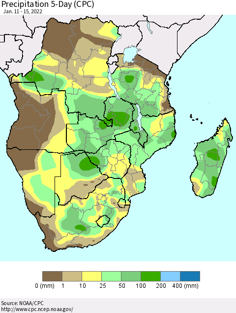 Southern Africa Precipitation 5-Day (CPC) Thematic Map For 1/11/2022 - 1/15/2022