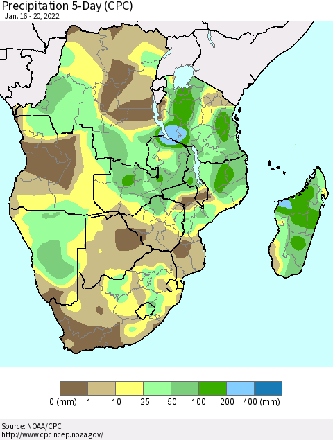Southern Africa Precipitation 5-Day (CPC) Thematic Map For 1/16/2022 - 1/20/2022