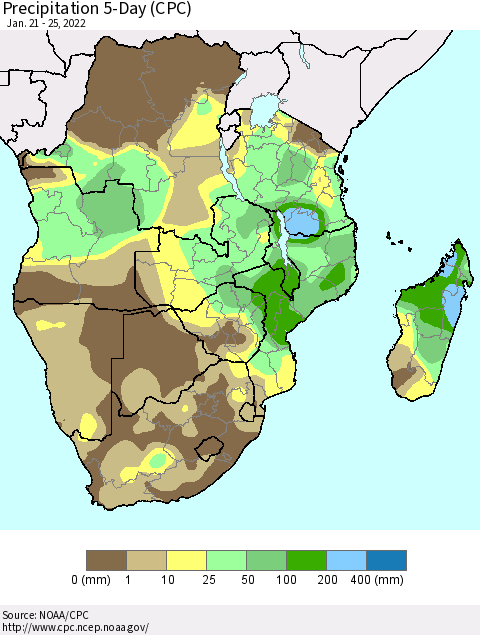 Southern Africa Precipitation 5-Day (CPC) Thematic Map For 1/21/2022 - 1/25/2022