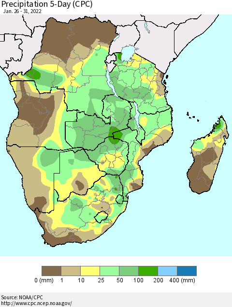 Southern Africa Precipitation 5-Day (CPC) Thematic Map For 1/26/2022 - 1/31/2022