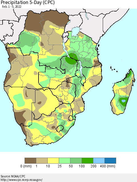 Southern Africa Precipitation 5-Day (CPC) Thematic Map For 2/1/2022 - 2/5/2022