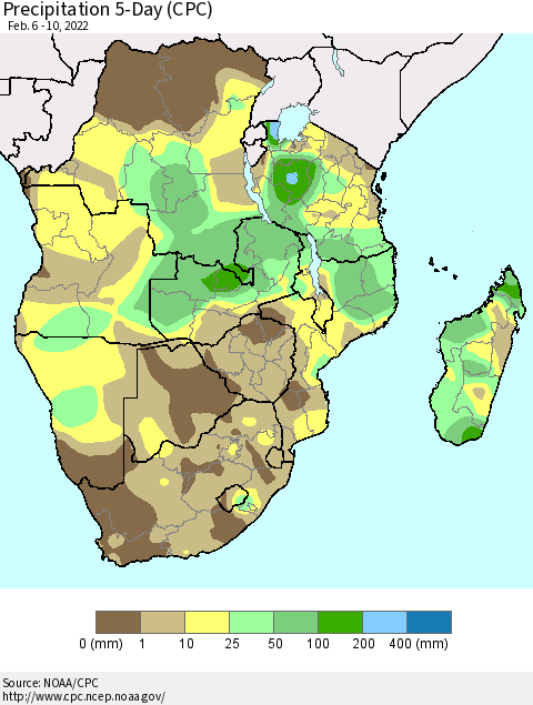 Southern Africa Precipitation 5-Day (CPC) Thematic Map For 2/6/2022 - 2/10/2022