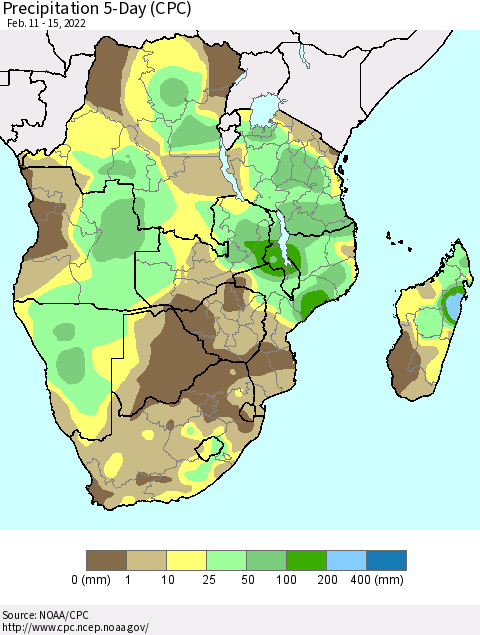Southern Africa Precipitation 5-Day (CPC) Thematic Map For 2/11/2022 - 2/15/2022
