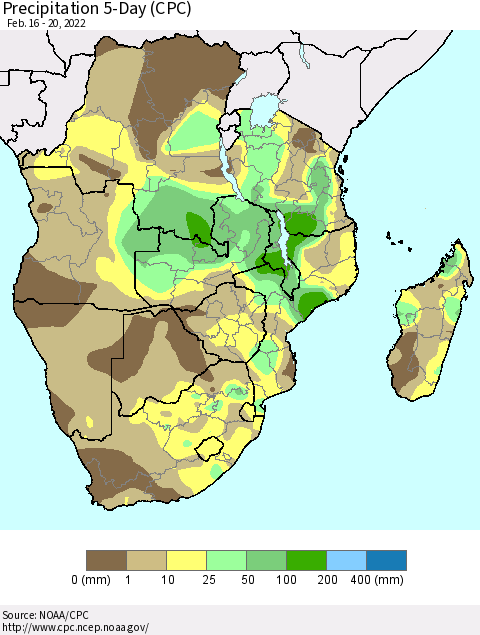 Southern Africa Precipitation 5-Day (CPC) Thematic Map For 2/16/2022 - 2/20/2022
