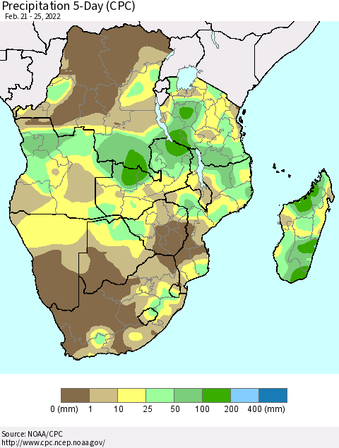 Southern Africa Precipitation 5-Day (CPC) Thematic Map For 2/21/2022 - 2/25/2022