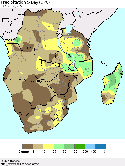 Southern Africa Precipitation 5-Day (CPC) Thematic Map For 2/26/2022 - 2/28/2022