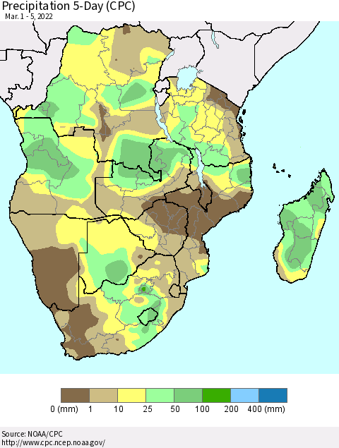 Southern Africa Precipitation 5-Day (CPC) Thematic Map For 3/1/2022 - 3/5/2022