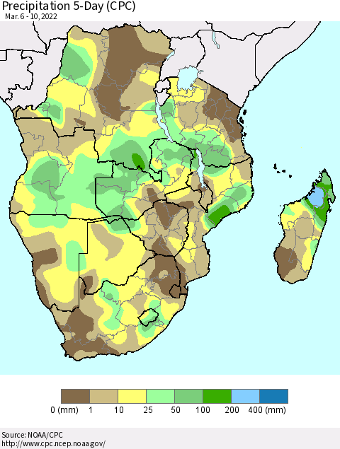 Southern Africa Precipitation 5-Day (CPC) Thematic Map For 3/6/2022 - 3/10/2022