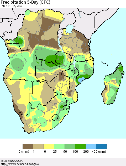 Southern Africa Precipitation 5-Day (CPC) Thematic Map For 3/11/2022 - 3/15/2022