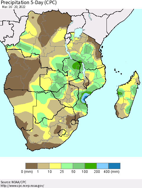 Southern Africa Precipitation 5-Day (CPC) Thematic Map For 3/16/2022 - 3/20/2022