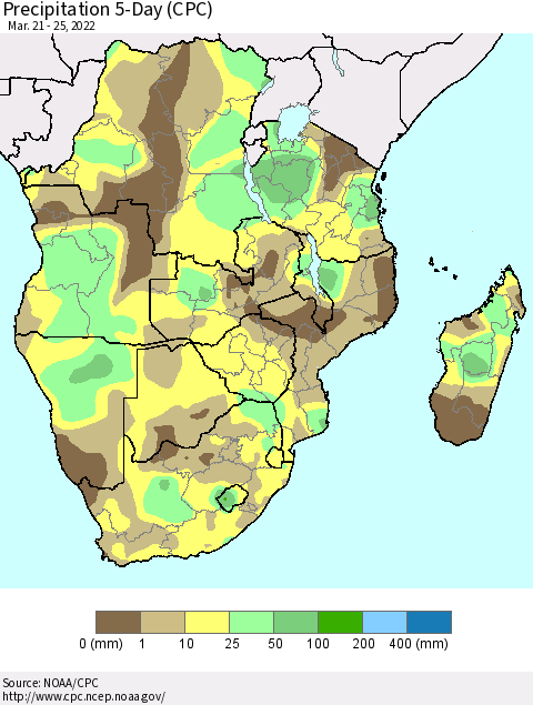 Southern Africa Precipitation 5-Day (CPC) Thematic Map For 3/21/2022 - 3/25/2022