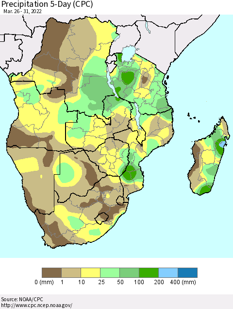 Southern Africa Precipitation 5-Day (CPC) Thematic Map For 3/26/2022 - 3/31/2022