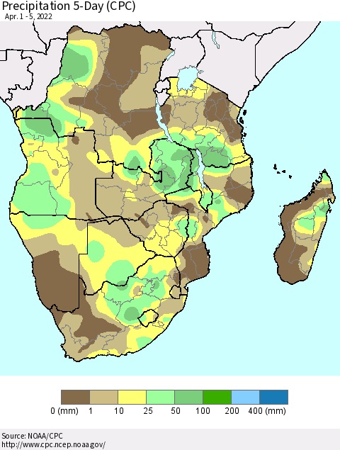 Southern Africa Precipitation 5-Day (CPC) Thematic Map For 4/1/2022 - 4/5/2022