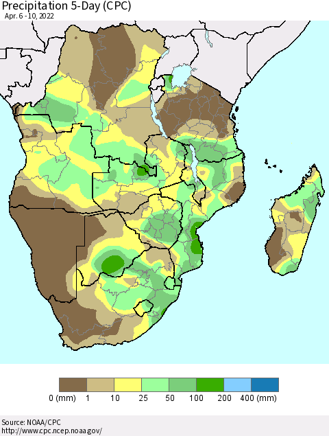 Southern Africa Precipitation 5-Day (CPC) Thematic Map For 4/6/2022 - 4/10/2022