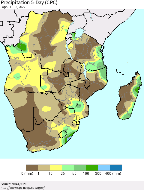 Southern Africa Precipitation 5-Day (CPC) Thematic Map For 4/11/2022 - 4/15/2022